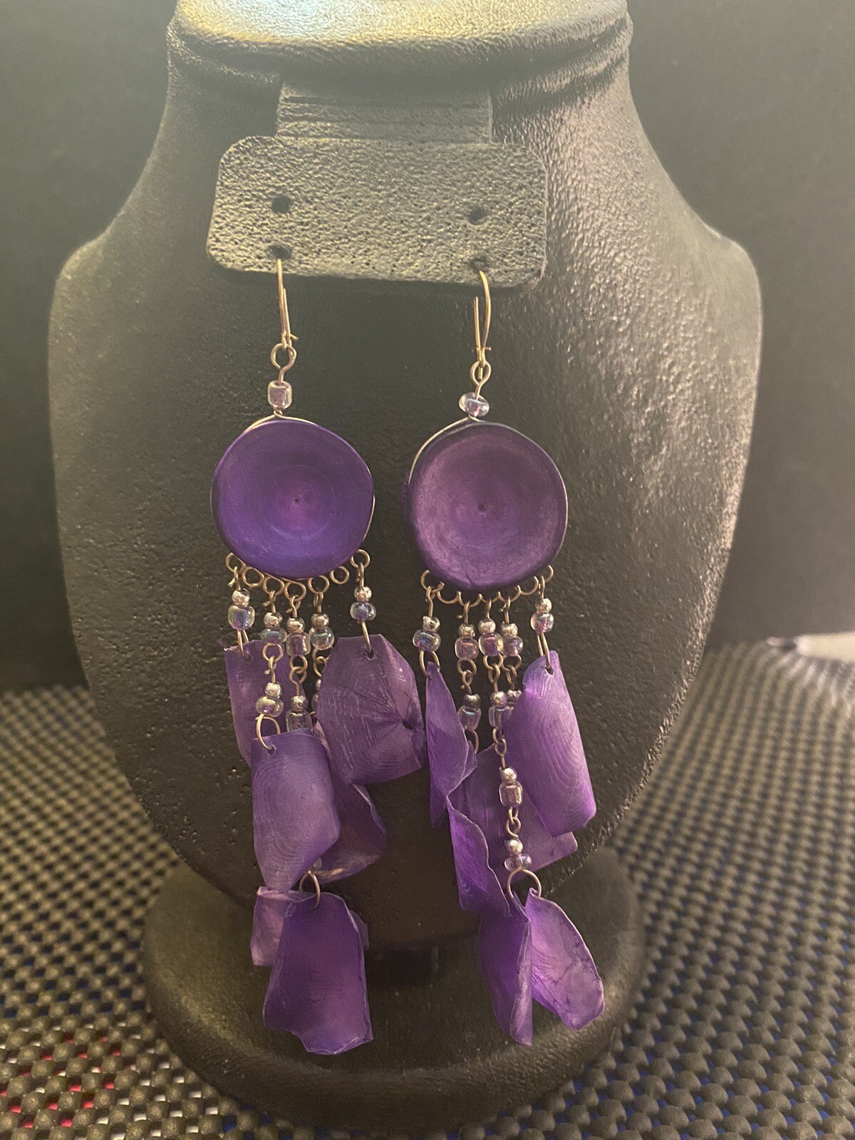 Artisan Purple Scales Leaf Shape On Round Sea Life Discs Dangle Beaded Earrings