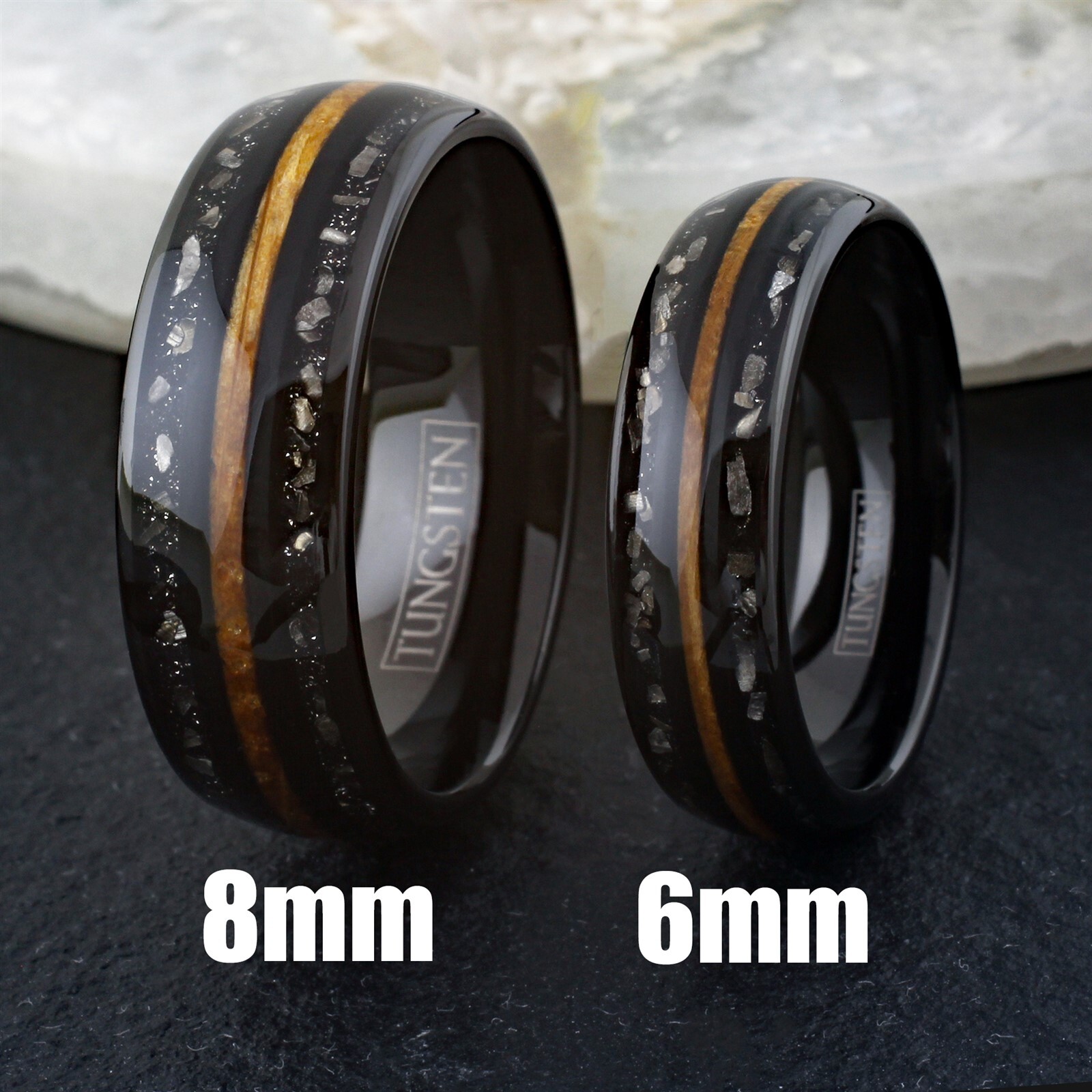 Black Tungsten Carbide Men's Ring Whiskey Barrel Wood & Meteorite Wedding Band