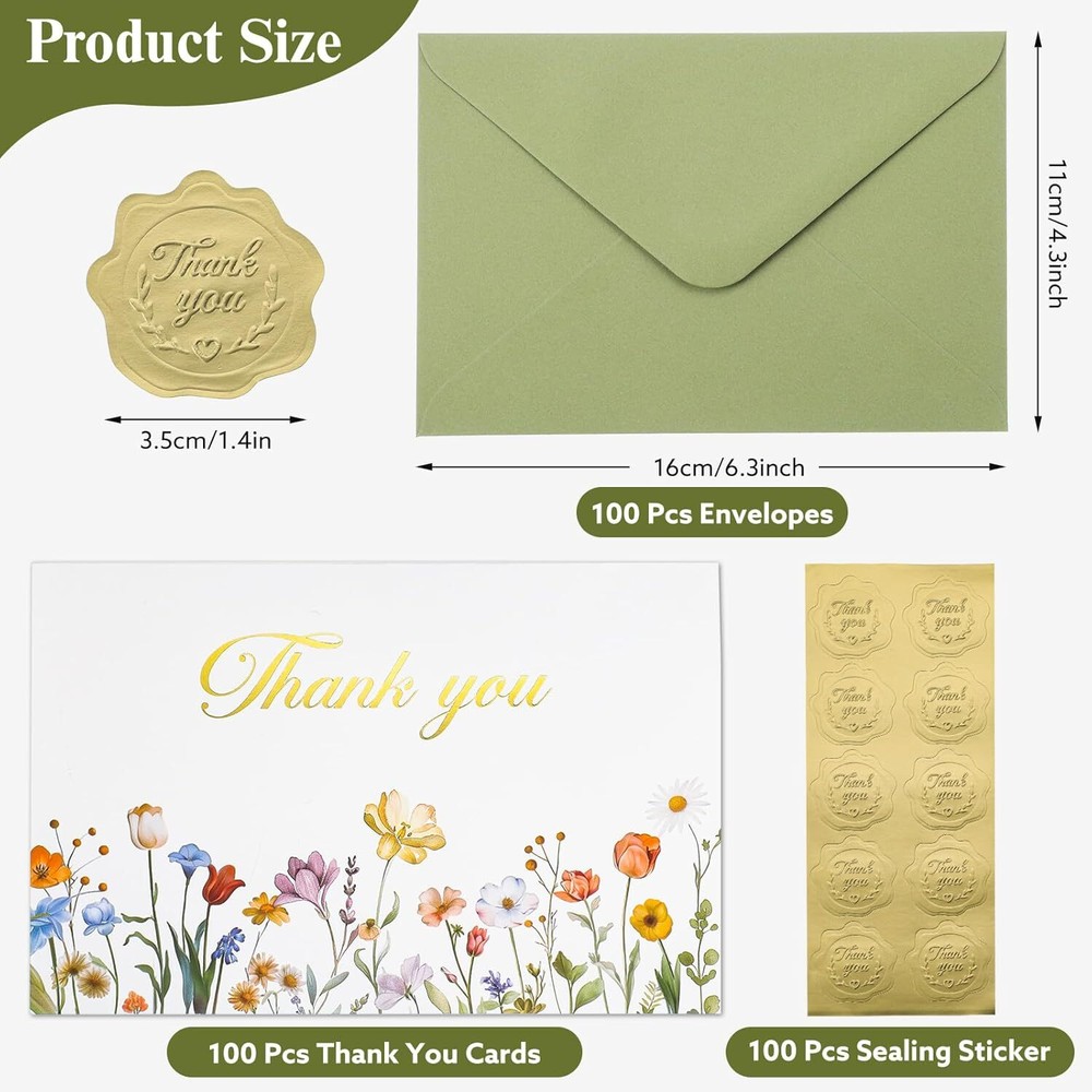 Thank You Cards with Envelopes, 100 Pack Bulk Multicolor