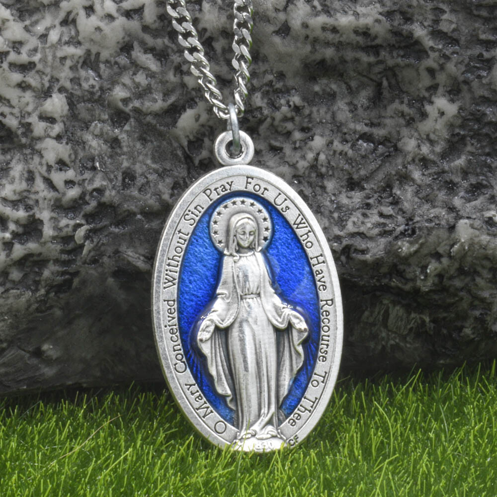 Large 1 3/4" Blue Miraculous Medal Mary Pendant Necklace Italy w 24" Curb Chain