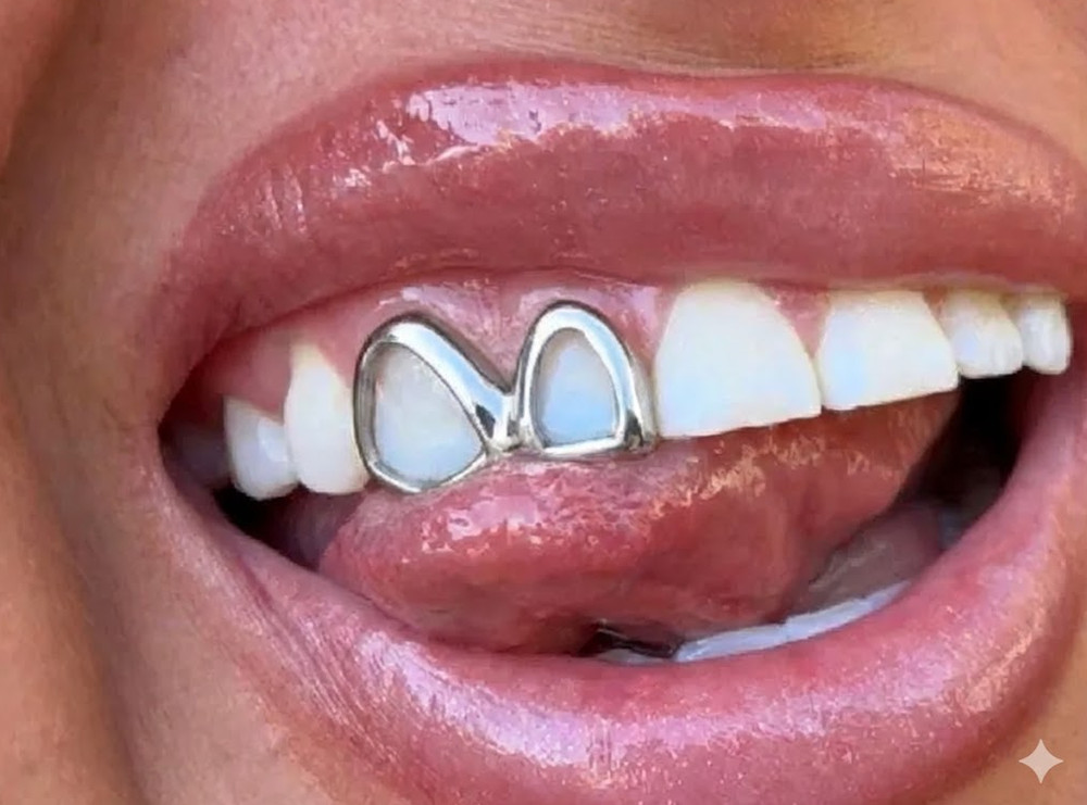Silver Platinum Upper Double 2 Tooth Teeth Open Face Grillz Front Right-Side Cap