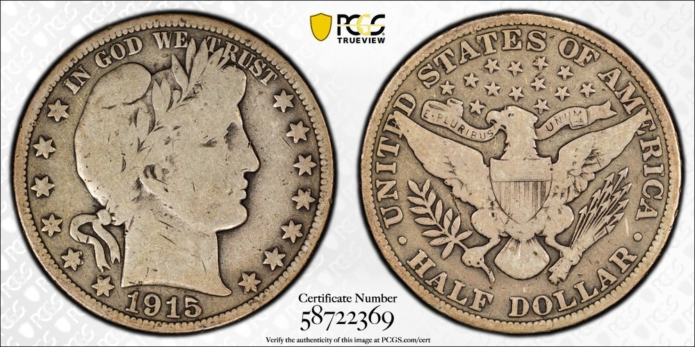 1915 Barber Half Dollar $.50 - RARE Mint Error - PCGS VG08 - Recently Certified