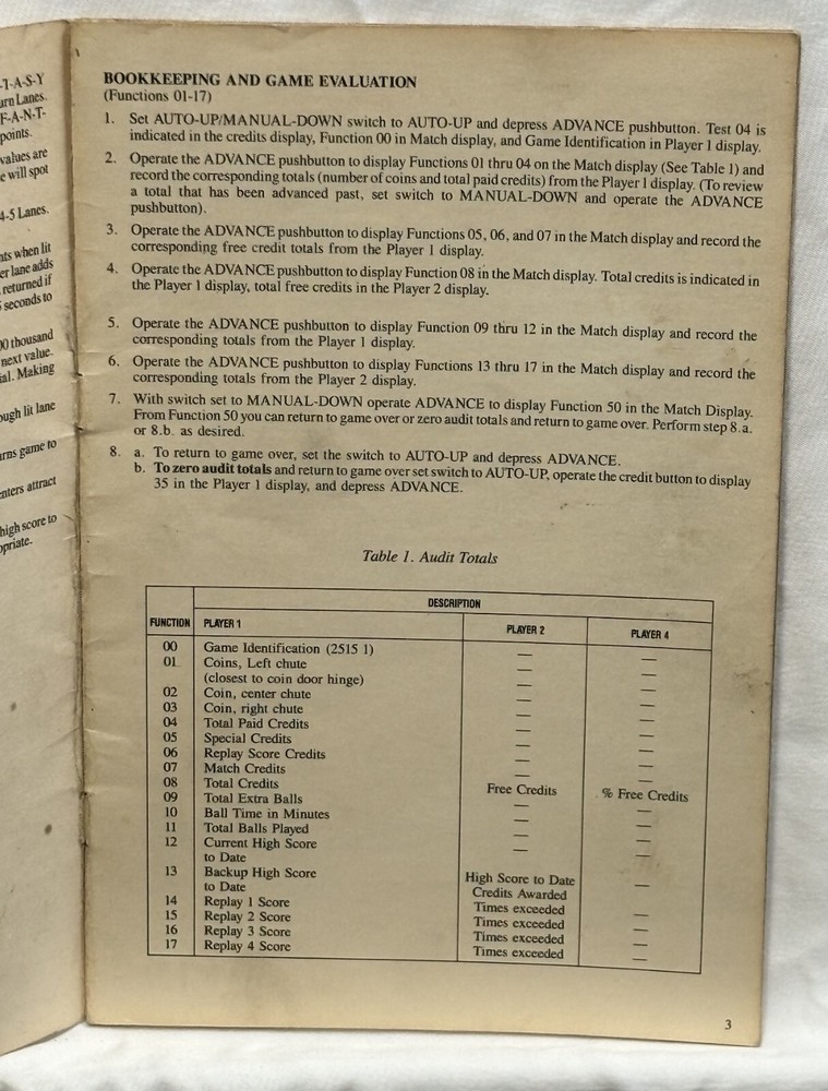 ORIGINAL-WILLIAMS-TIME FANTASY-INSTRUCTION BOOKLET