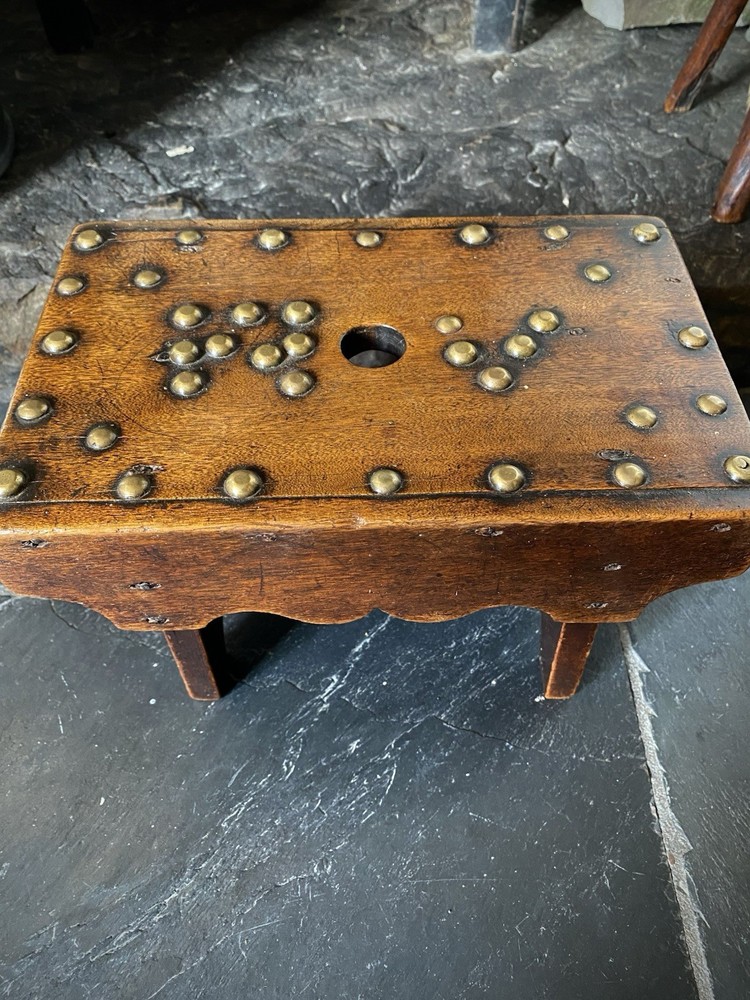 Unusual Antique 19th C. Solid Mahogany Stool With Brass Studs & Initials ‘R.V’