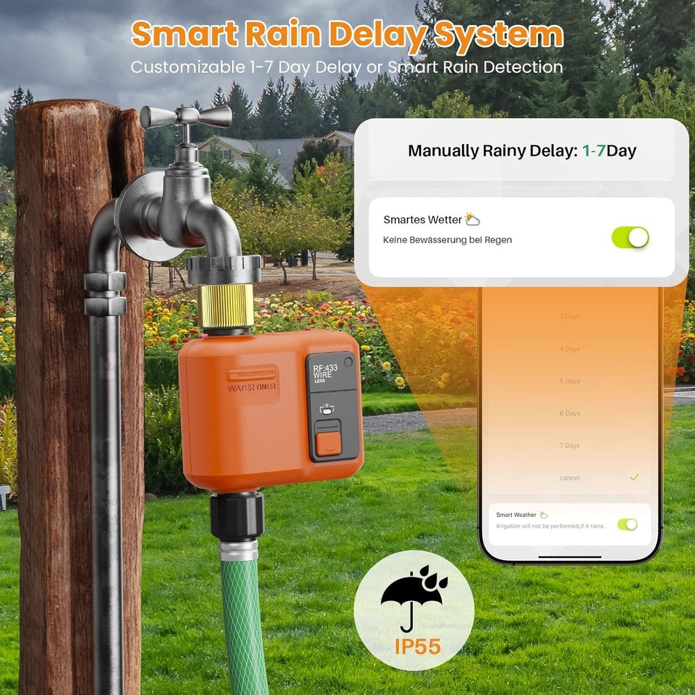 WiFi Garden Water Timer 984ft Range App Voice Control Rain Delay