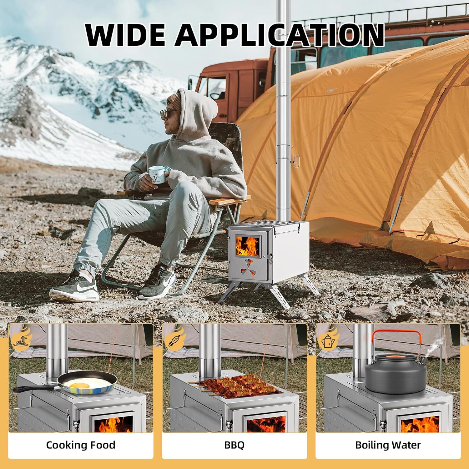 NAIZEA Folding Hot Tent Stove with 7 Section Chimney Pipes for HikingBackpacking