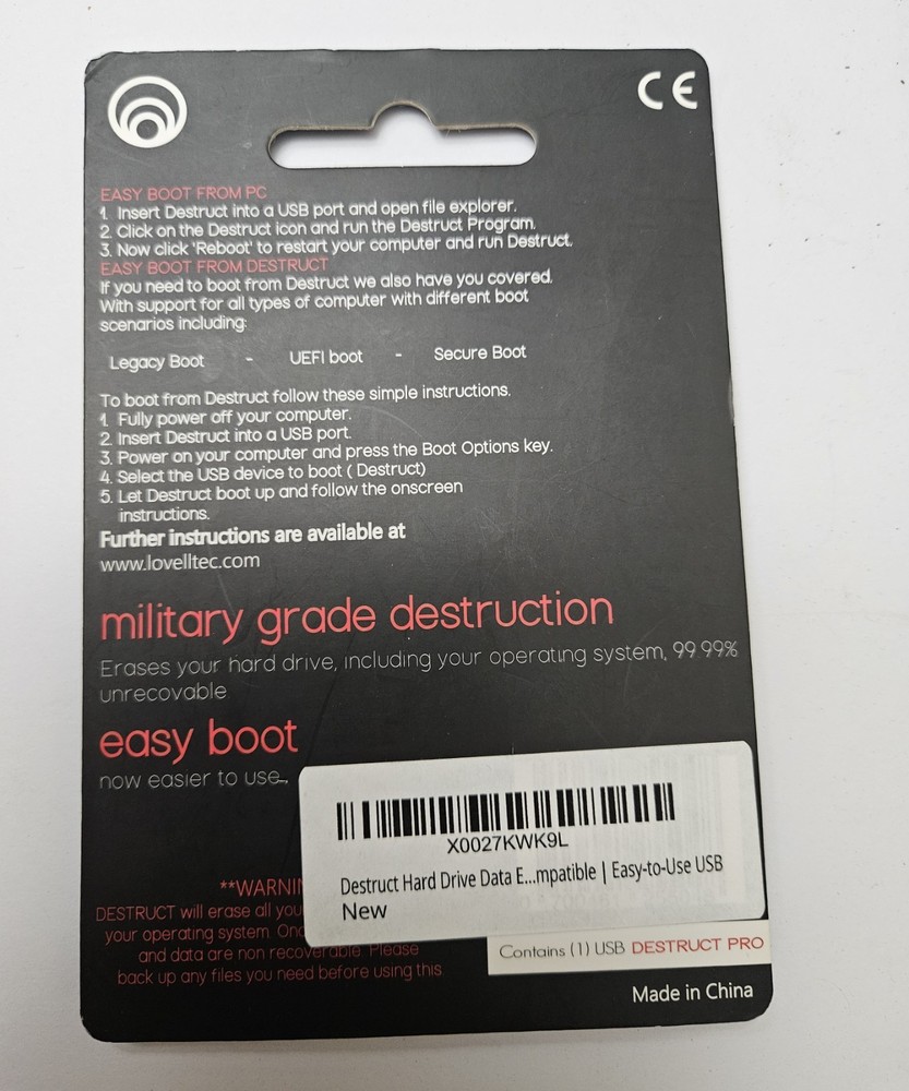 Lovell Destruct Pro USB Hard Drive Data Eraser Boot Tool Easy Boot