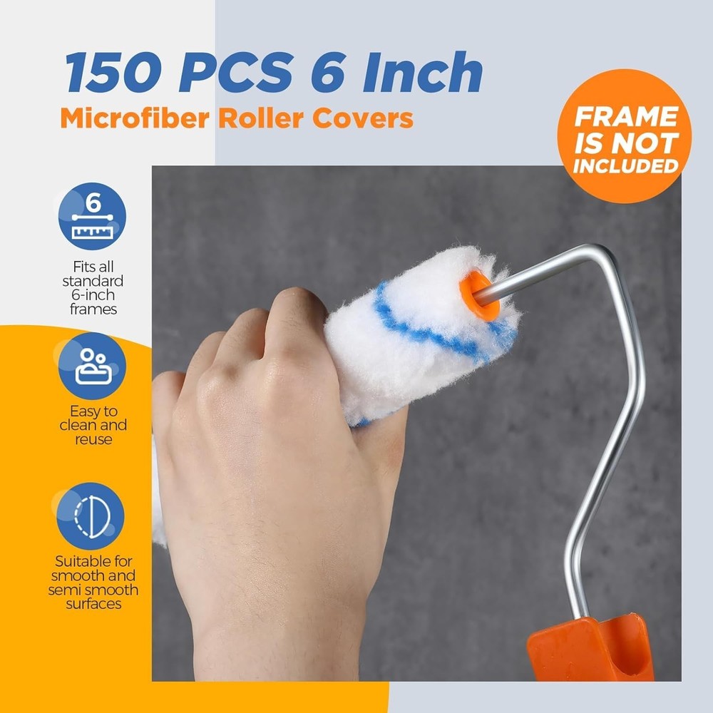 150 Pcs 6" x 1/2" Paint Roller High Density Microfiber Refills Mini Covers Paint