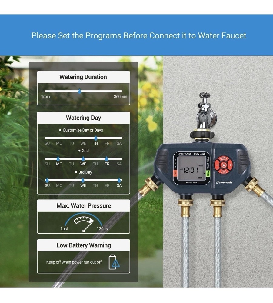 Dewenwils 4-Zone Digital Outdoor Tap Timer Automatic Irrigation Waterproof