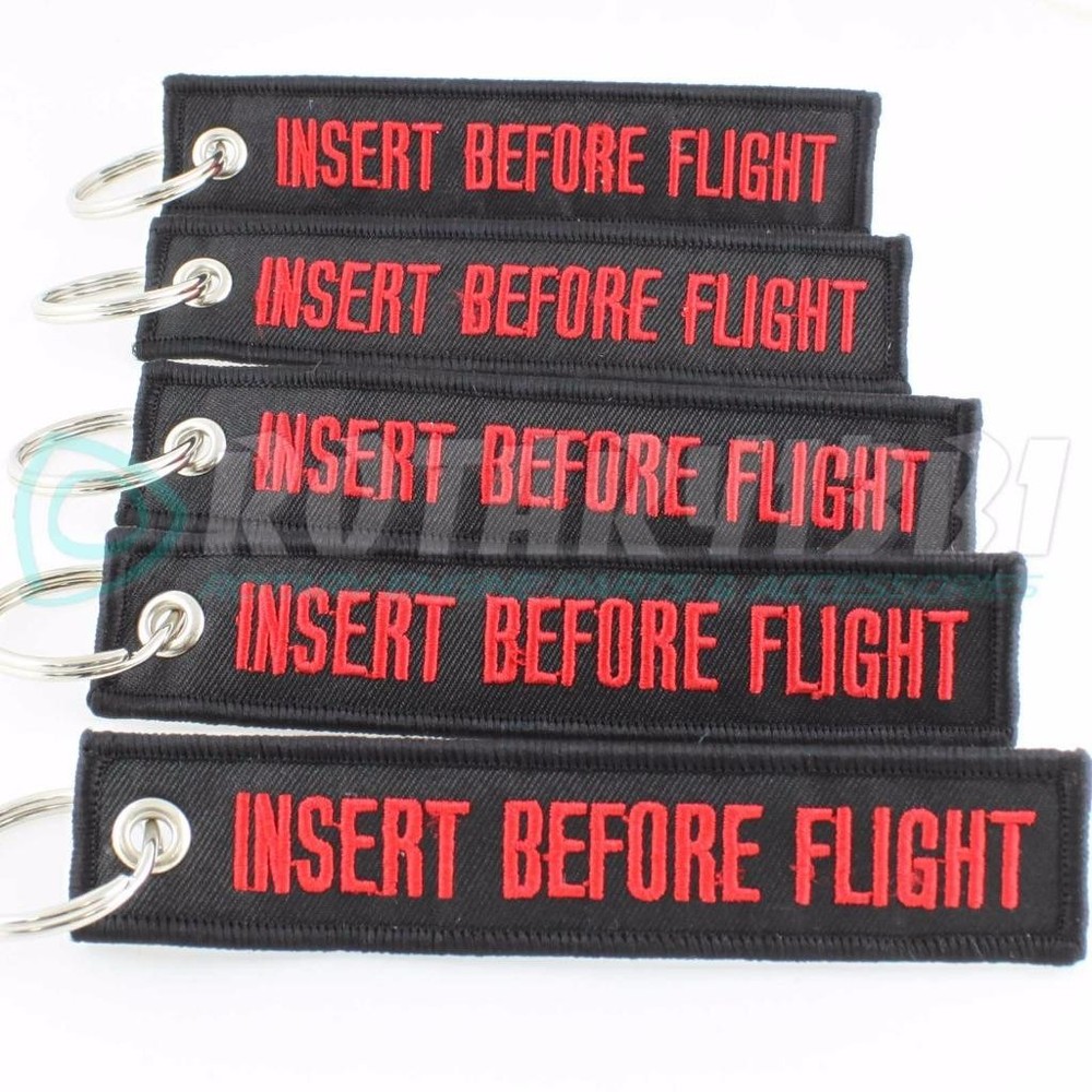 INSERT BEFORE FLIGHT QTY= 5 PCS BLACK/red KEYCHAIN RING TAGS CABIN CREW