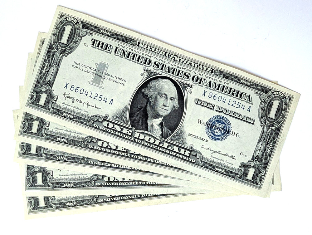 5 Consecutive Uncirculated crisp 1957B $1 Silver Certificates Blue Seal Notes