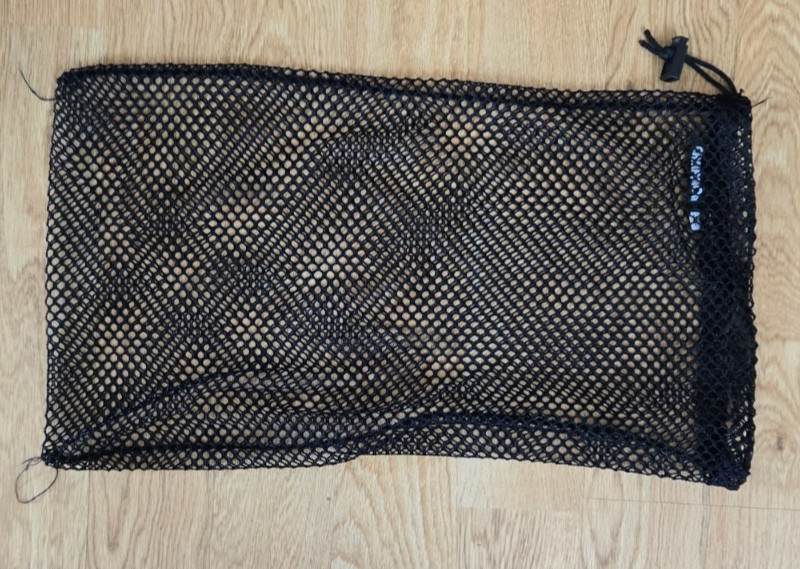 Campmor mesh storage bag, black, Laid flat: 23" x 14" wide; 8" diameter