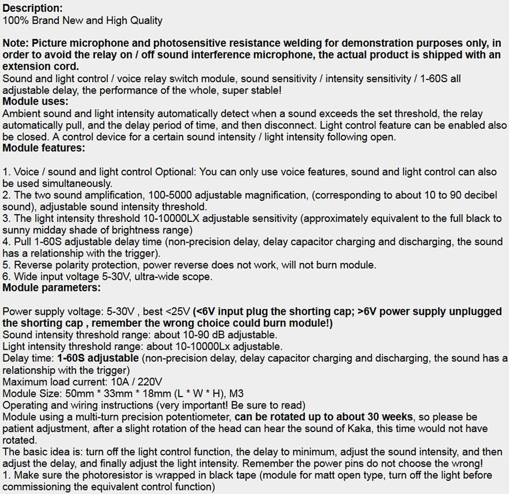 5V 12V 24V DC Sound Sensor / Light Control Relay Switch Module Adjustable Delay