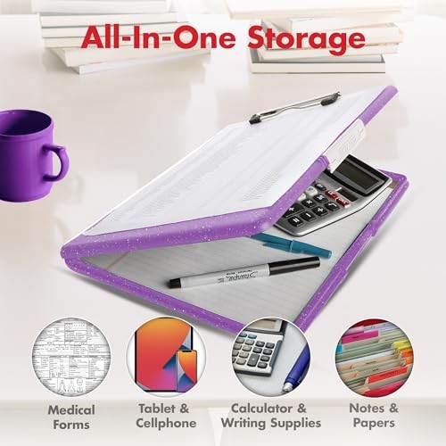 Slimcase 2 Plastic Clipboard with Storage and Side Opening, Purple Glitter