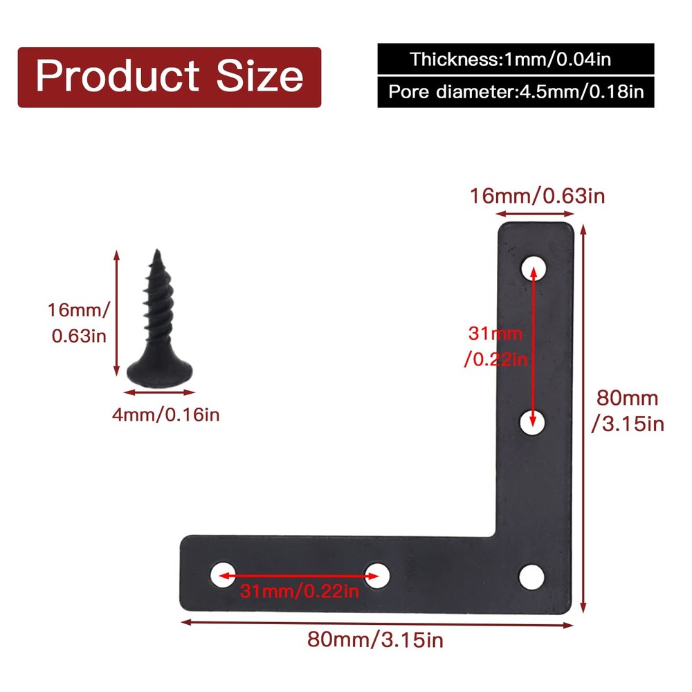 Joyangy 20pcs Black L Flat Shape Braces Corner Bracket, 80x80 mm,