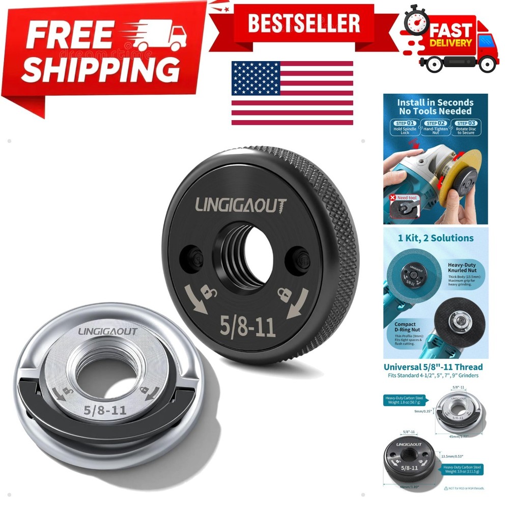 5/8"-11 Angle Grinder Flange Nuts 2-Pack, Tool-Free Quick Release Locking Kit...