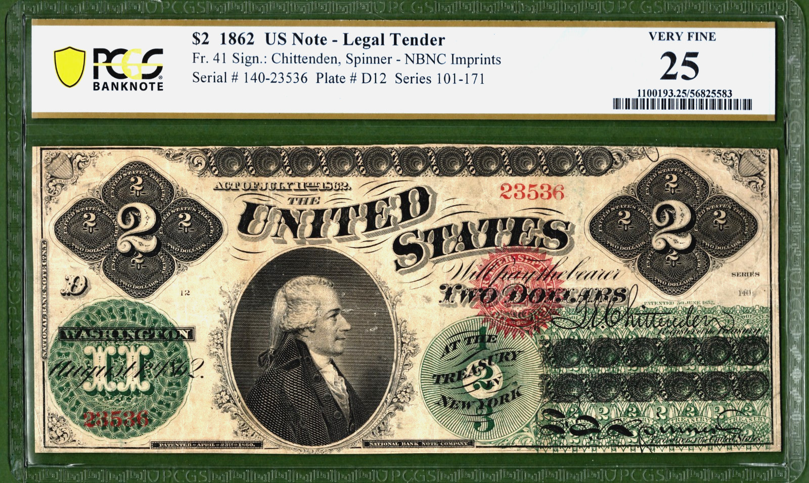 1862💲2  LEGAL TENDER   💵 US NOTE     💵   PCGS  25