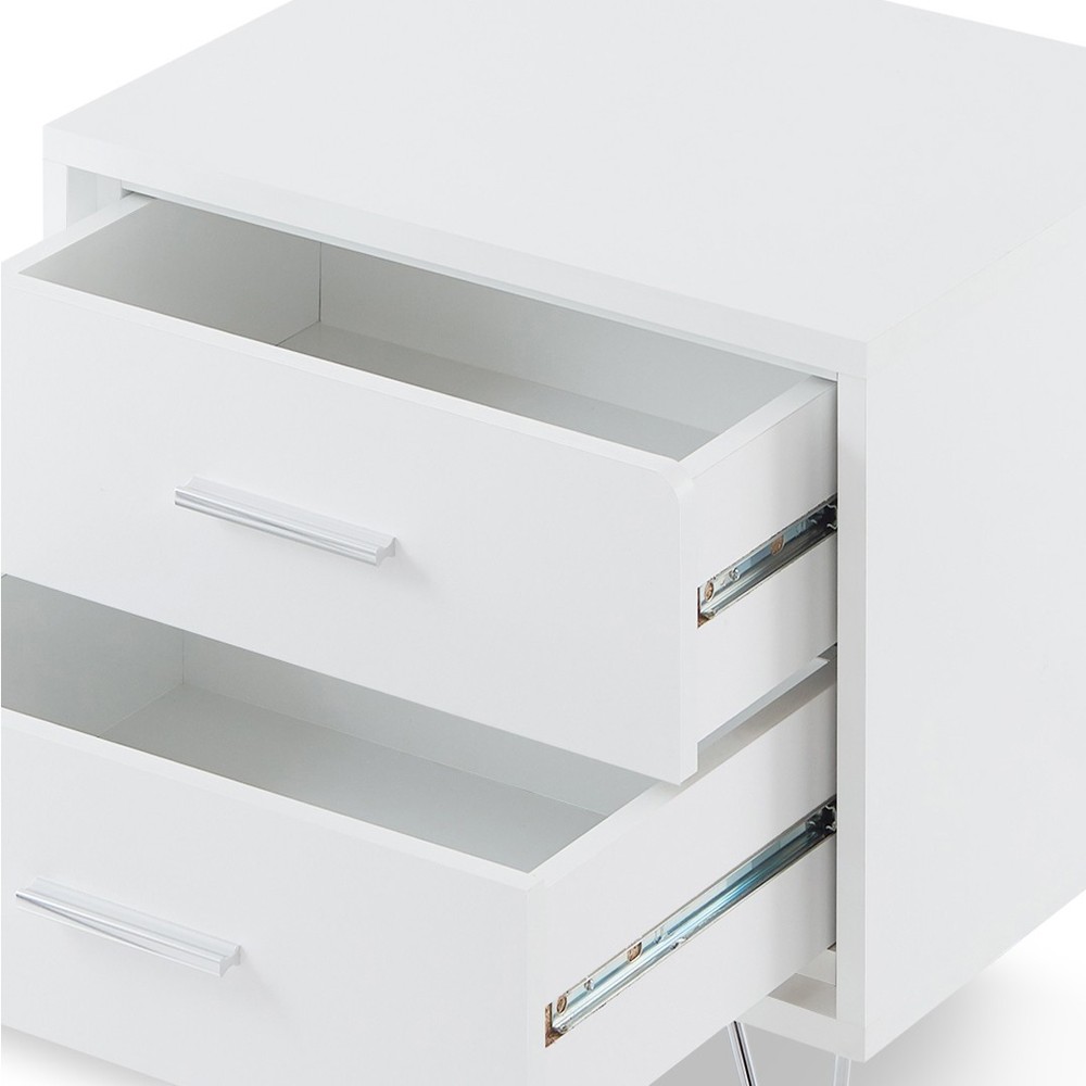 The modern white two-drawer table emphasizes medium-density fiberboard