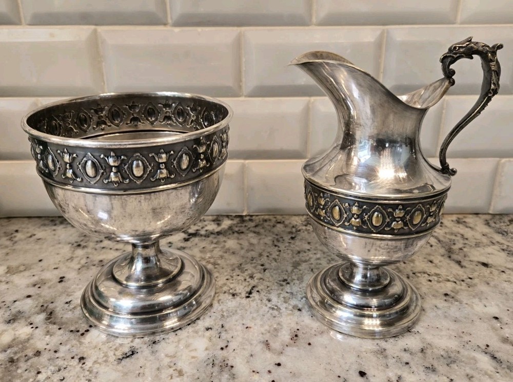 German Antique Silver Plated  Sugar Bowl With Milk/Creamer Set, Dragon Handle