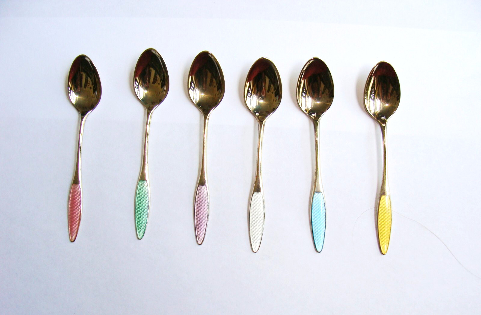 Frigast Denmark Box Set of 6 Sterling Silver Guilloche Enamel Demitasse Spoons