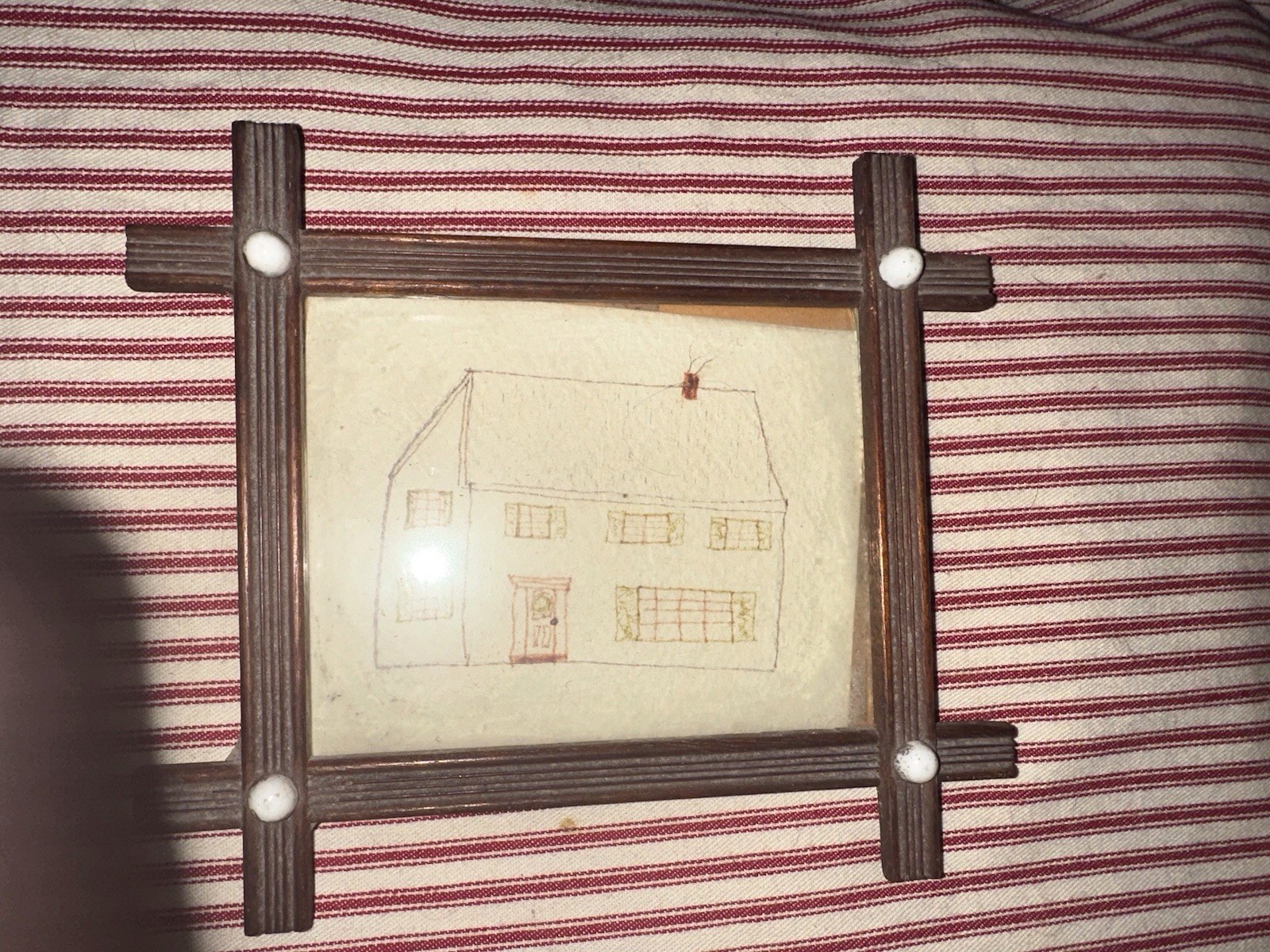 Antique American Folk Art School Girl Sketched Drawing Adirondack Frame