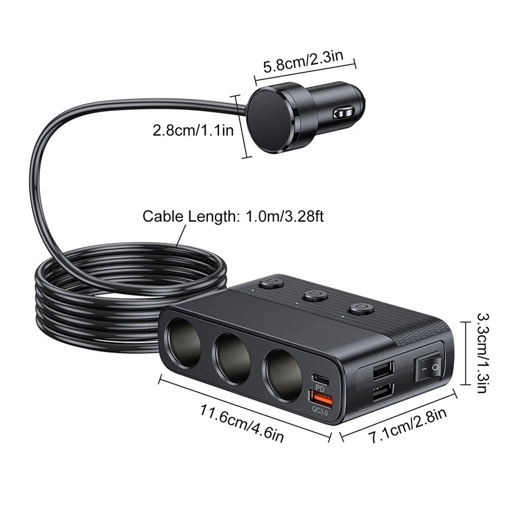 Quick Charge 3-Way Car Cigarette Lighter Socket Splitter 7 In 1 Power Adapter US