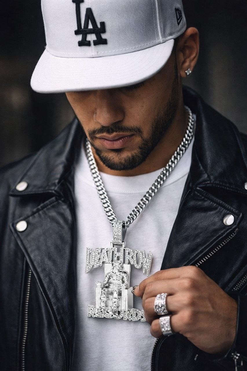 Death Row Records Iced Out Hip Hop Pendant Cuban Link Chain 2Pac Gold Silver