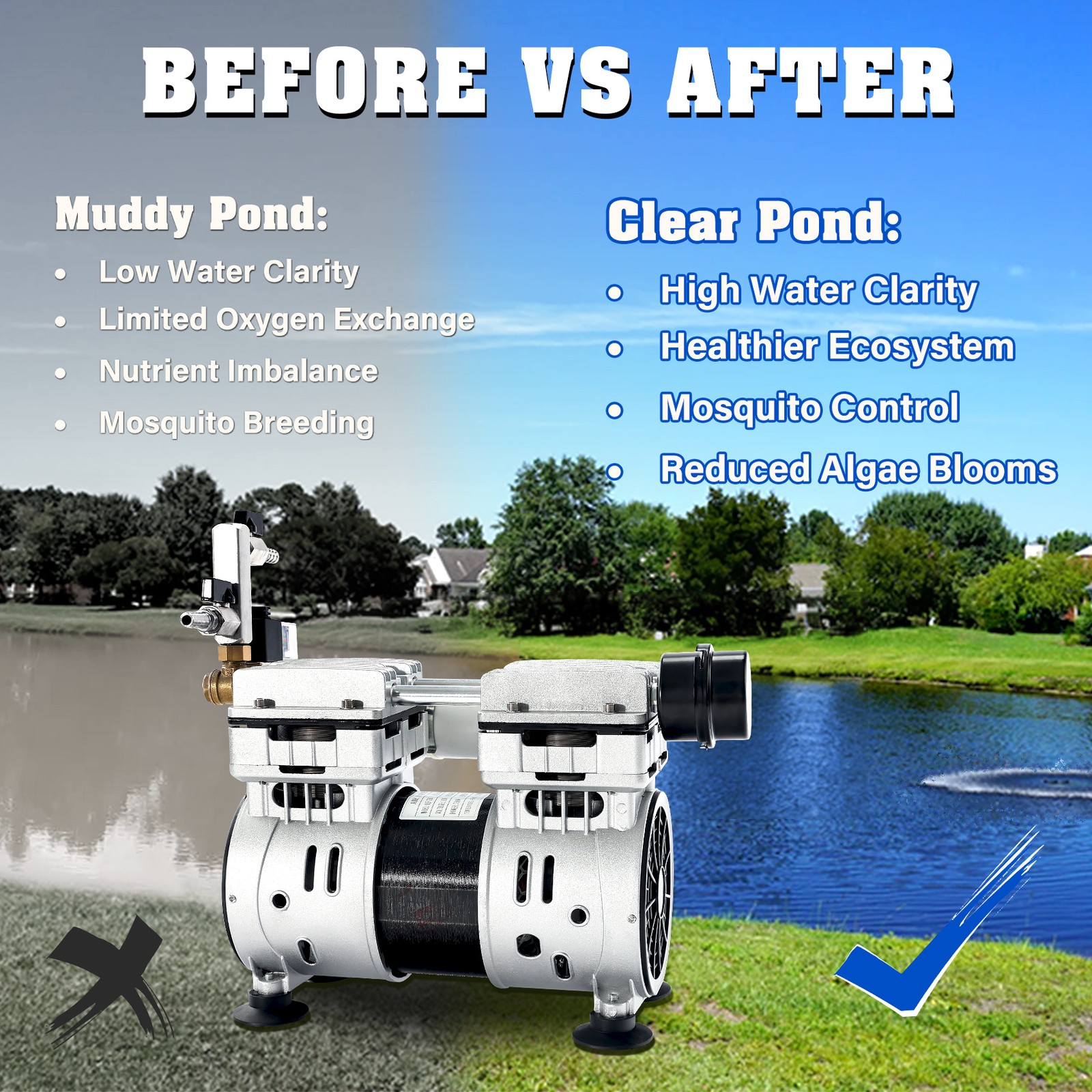750W Pond Aerator Pond Lake Air Pump Kit with 2 Tubings & 2 Diffusers 5.35CFM
