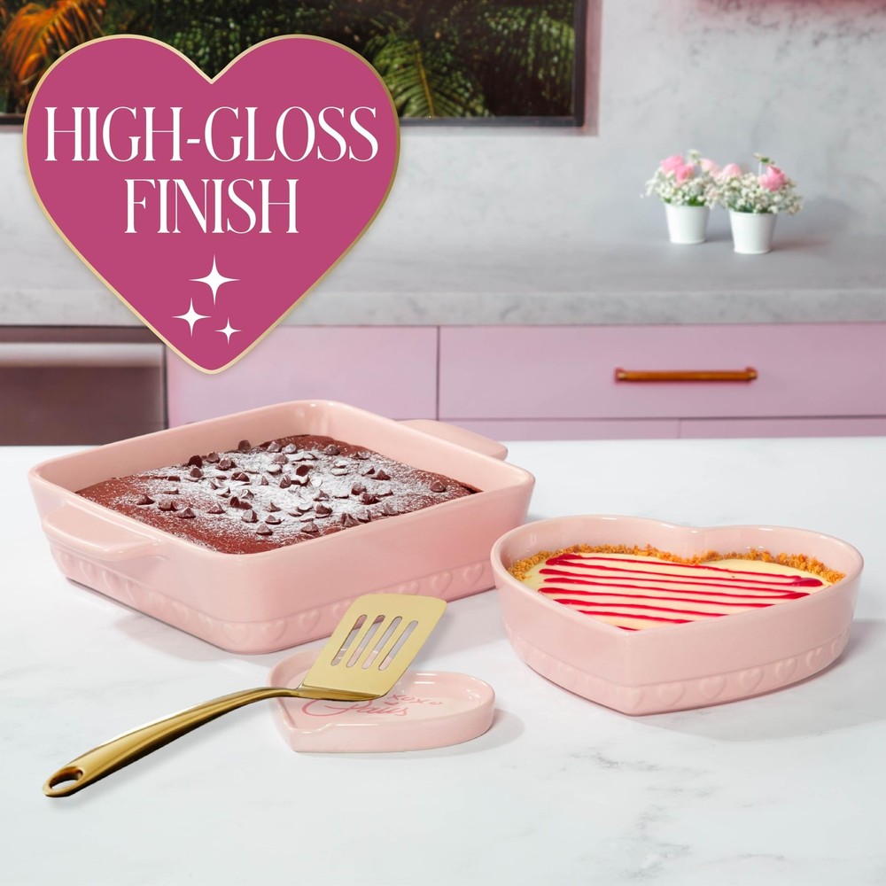 Paris Hilton 3-Piece Ceramic Baker Set, Iconic Stoneware with Square & Heart ...
