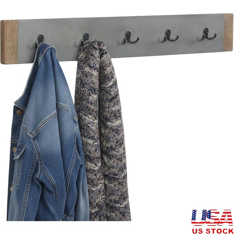 Wall Mounted Coat Rack W/ 5 Double Hooks Easy Installation Rustic Organizer New
