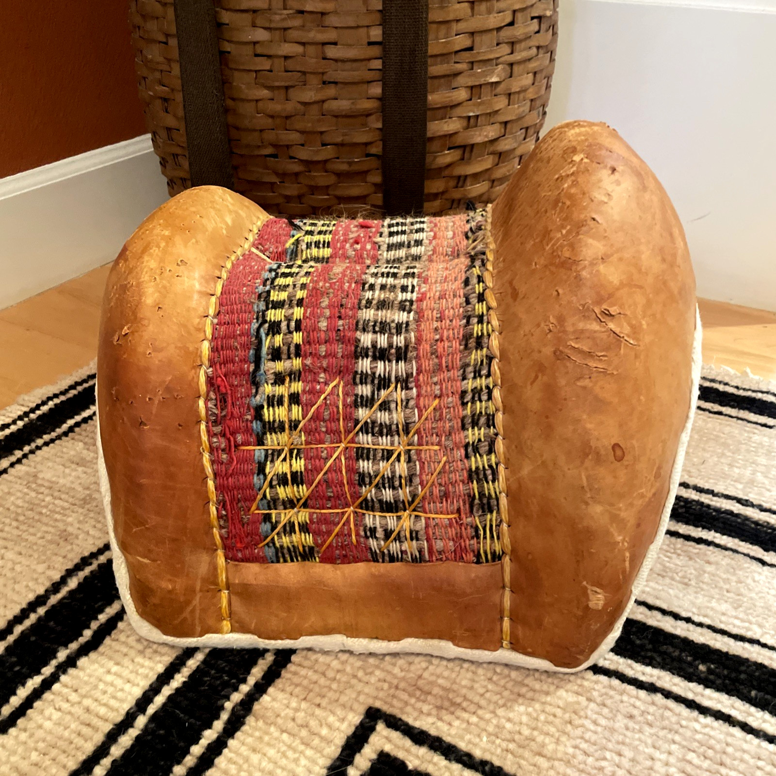 VTG North African Leather Donkey Saddle Woven Textile Tunisia