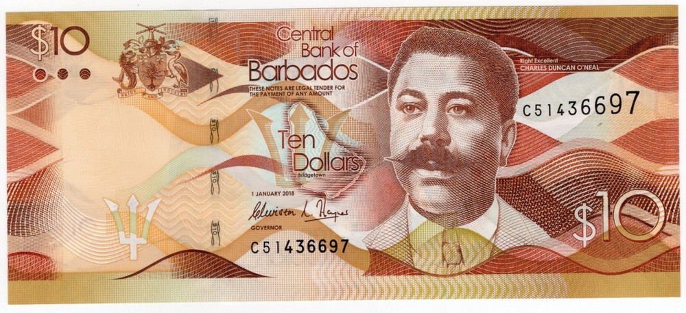 BARBADOS P-75c 10 Dollars 2018 UNC