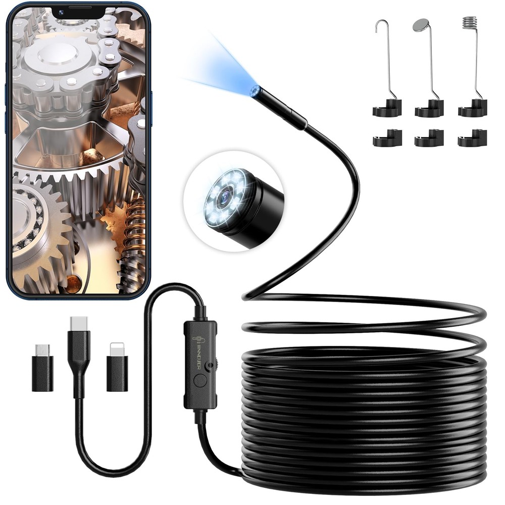 Endoscope Camera with Light, 1920P HD Borescope Camera with 8 Adjustable LED