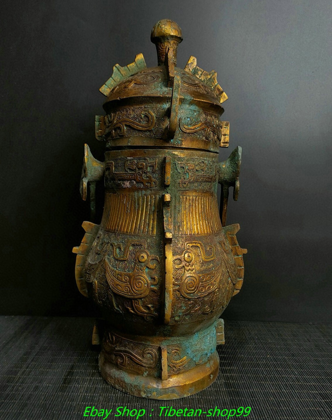 15.3''Old Chinese Dynasty Bronze Ware Gilt Inscription Bird Portable Pot Bottle