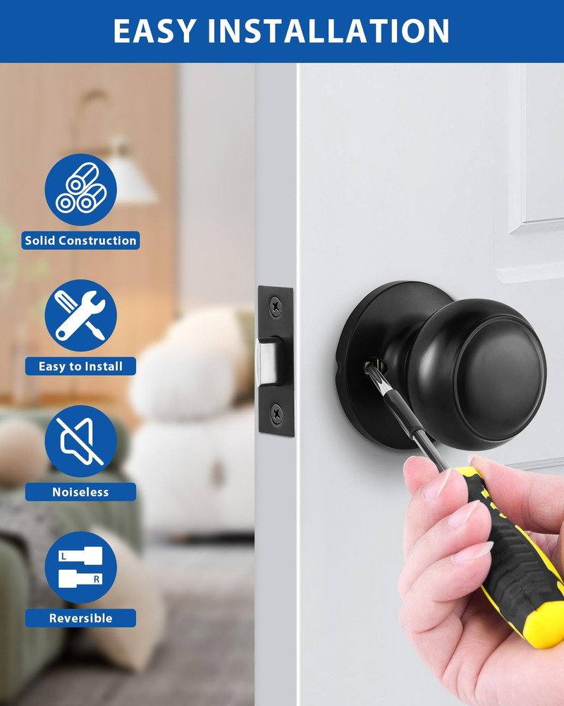 Lanwandeng Matte Black Passage Door Knobs Round Handles for 1 Pack,