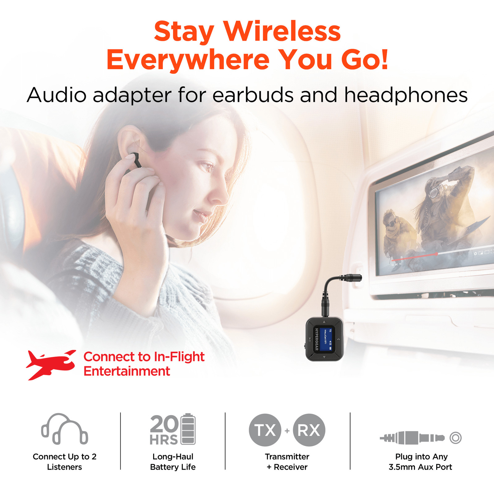 HyperGear IntelliCast Flight Audio Transmitter + Receiver for In-Flight Viewing
