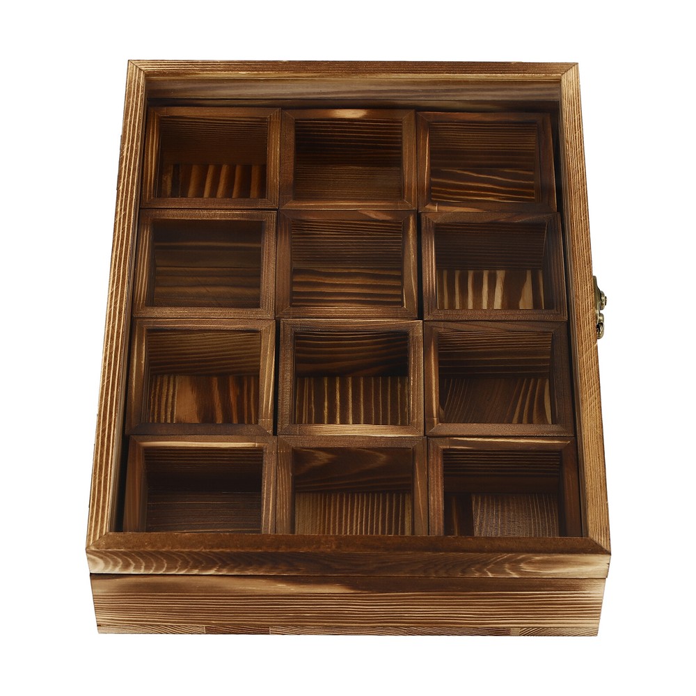12-Compartment Wooden Spice Box with Spoon - Elegant Kitchen Storage Solution