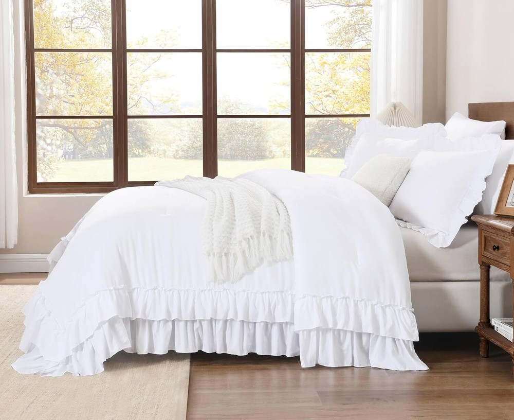 White Ruffle Comforter Full Set, 3 Piece Simple Bedding Comforter Set