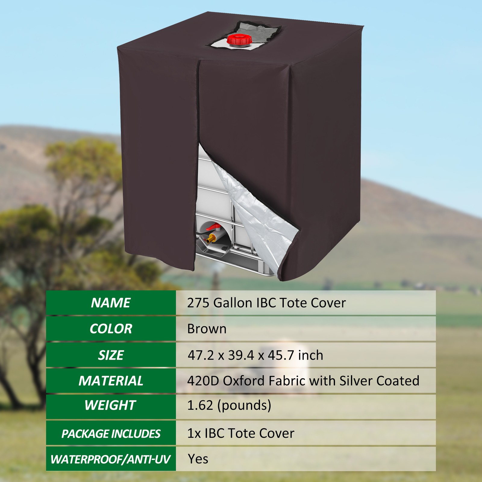 275 Gallon Zipper IBC Tote Cover 420D Oxford 1000L Water Tank Protective Brown