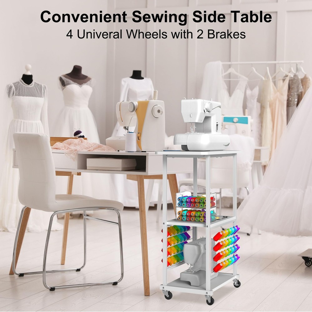 Rolling Craft Table with 56 Spools Thread Holder, 3 Storage Shelves, Portable...