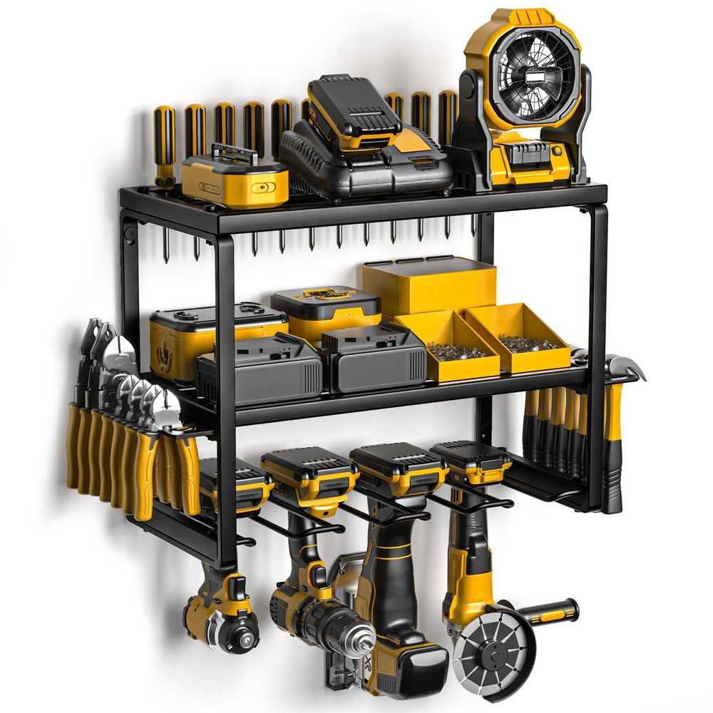 3-Layer Power Tool Organizer Wall Mount with Drill Holders, Garage Storage Rack