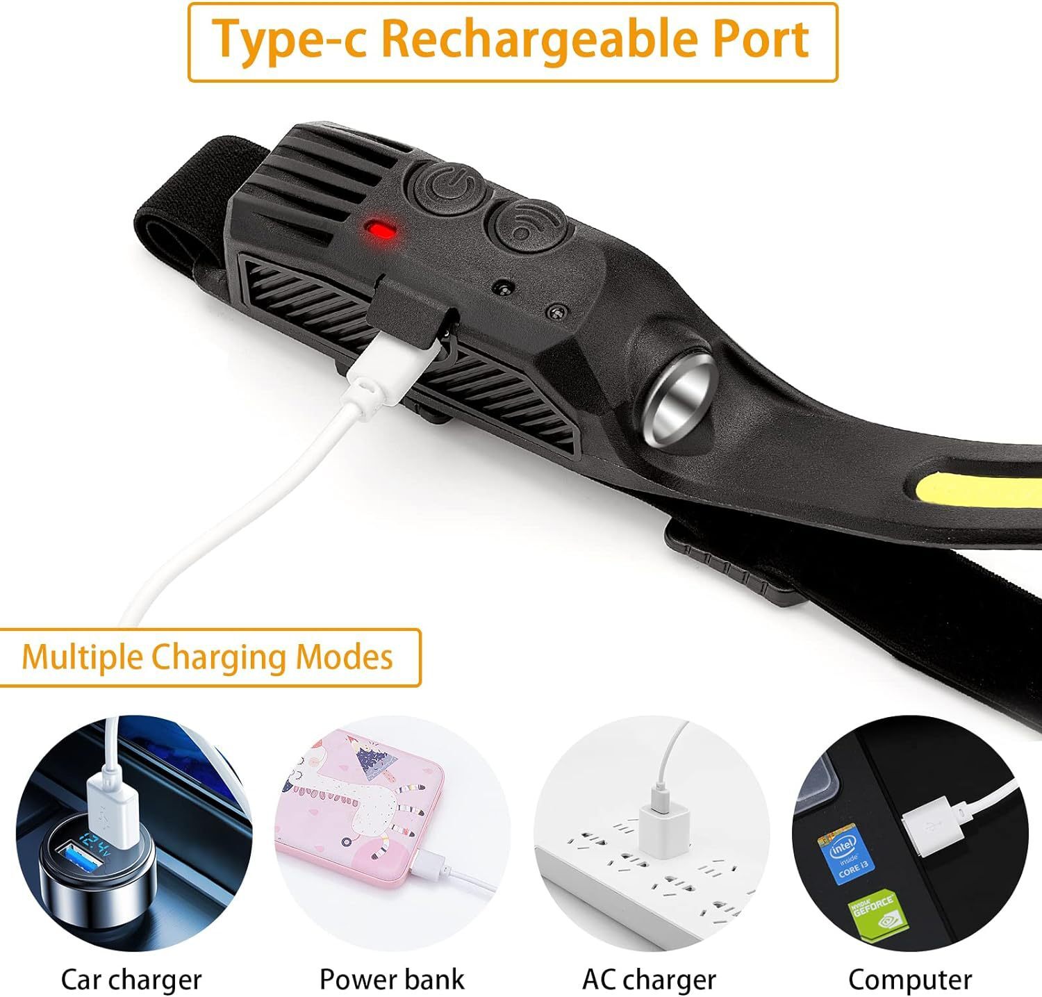 COB LED Headlamp USB Rechargeable Headlight Torch Work Light Bar Head Band Lamp