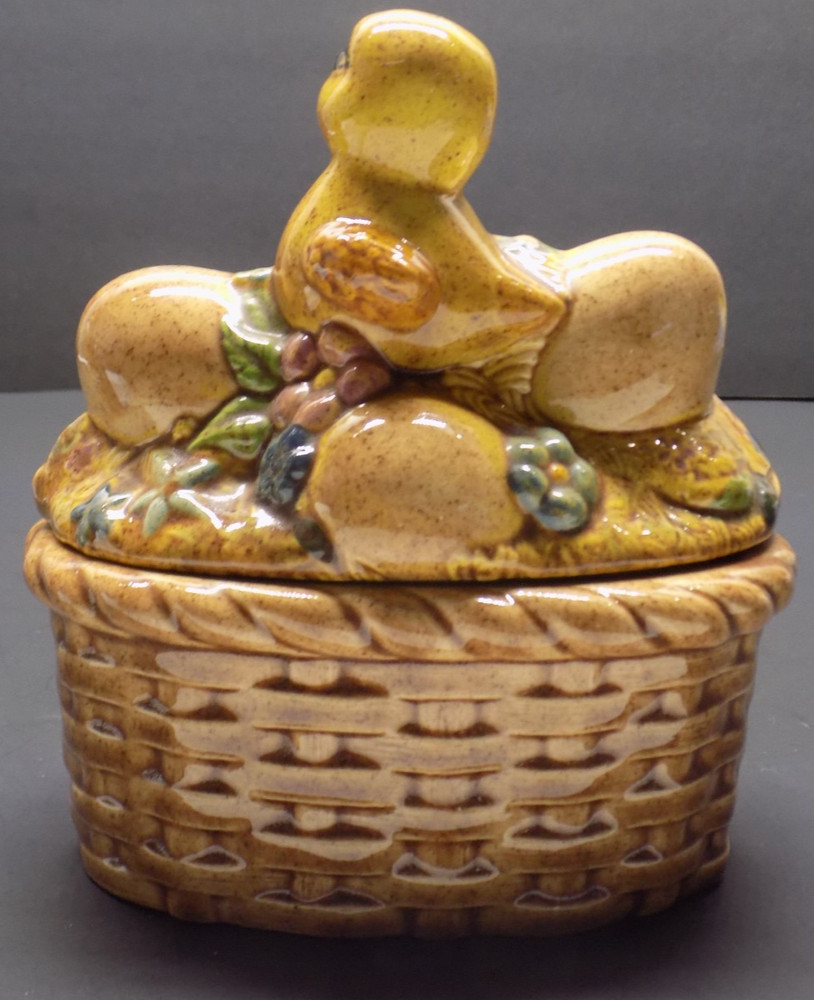 Vintage Ceramic Easter Basket Dish w/ Chick & Eggs Lid Spring Decor