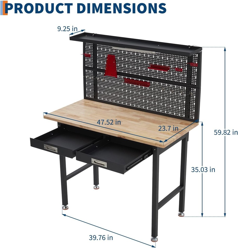 48/60"L Heavy-Duty Adjustable Workbench with Pegboard & Power Outlets Work Bench