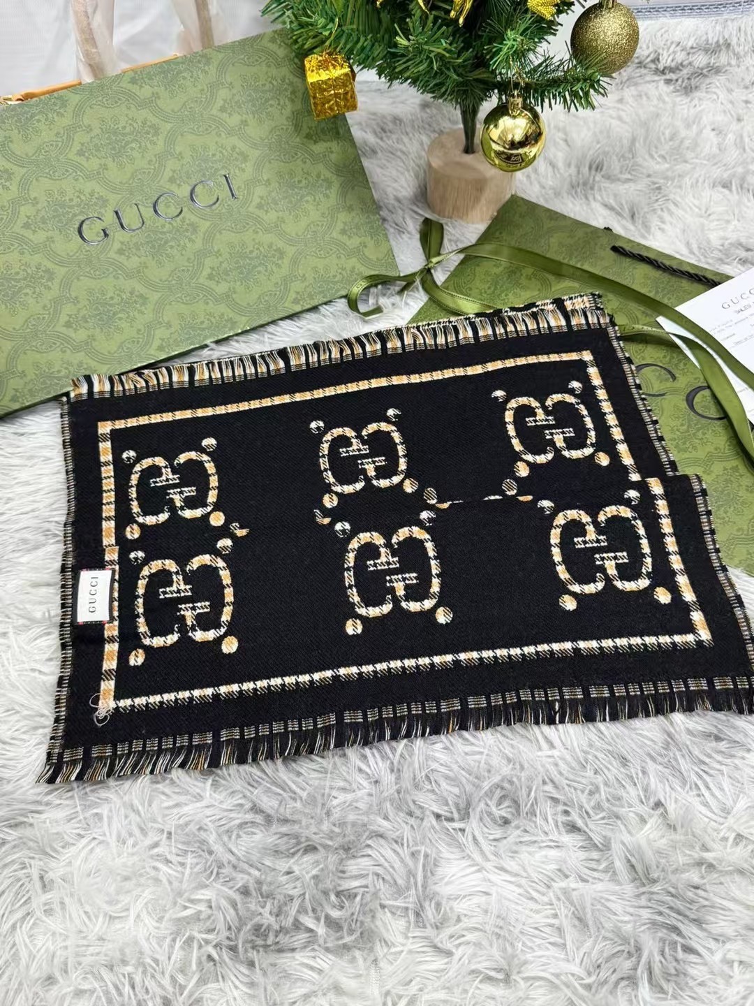 SCARF GUCCI SCARF SHAWL AUTHENTIC 100% CASHMERE BLACK BEIGE CLASSIC LOGO