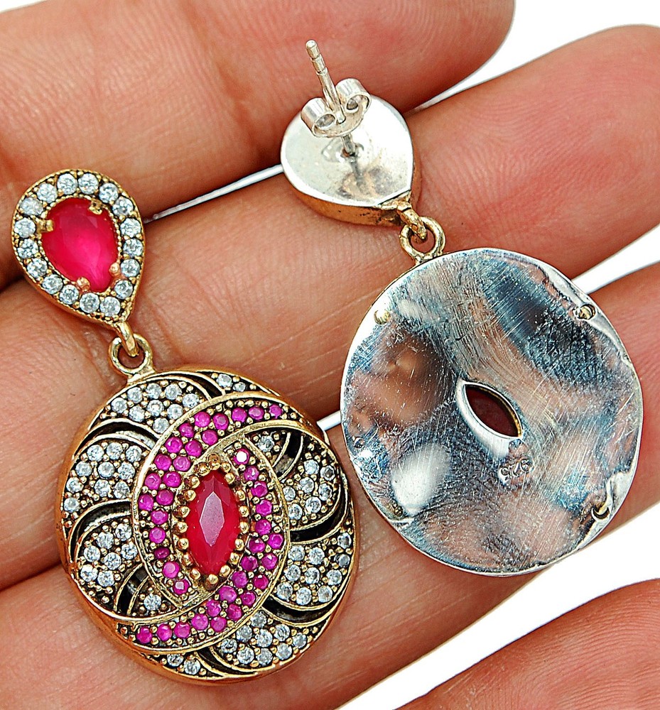 Ottoman Empire Style 12CT Treated Ruby Solid 925 Sterling Silver Earrings TB1491