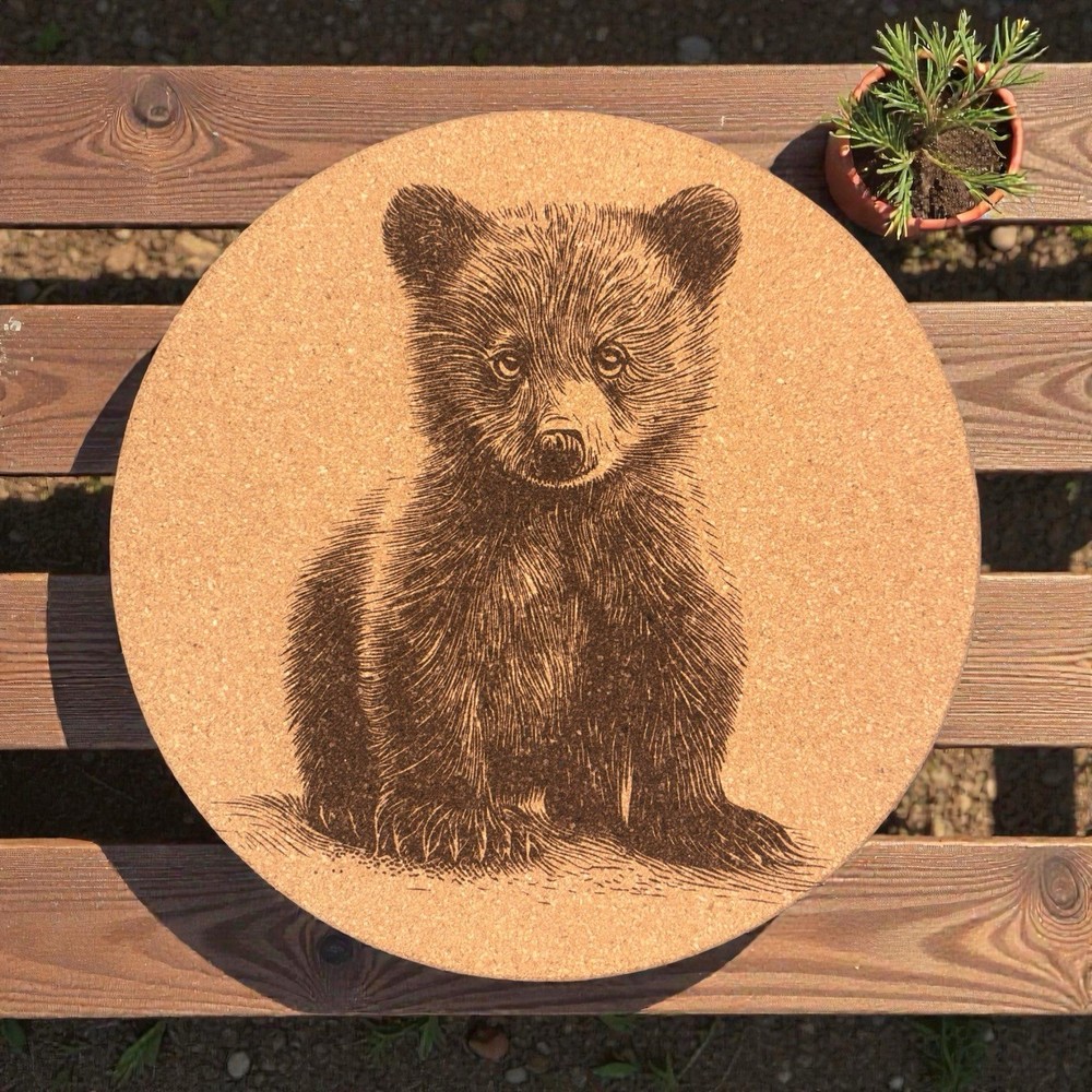 Trivet 8” Cork, Bear Cub, Laser Engraved