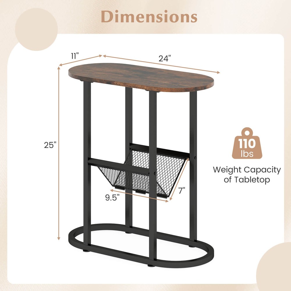 2 PCS Industrial Side Table End Coffee Table Compact Nightstand with Mesh Shelf