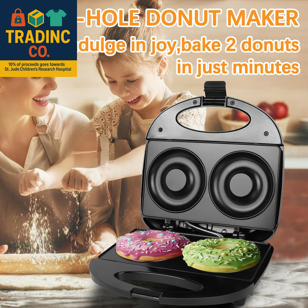 Donut Maker,Doughnut Machine,Bake 2 Donuts,Double-Sided Heating, Non-Stick Surfa