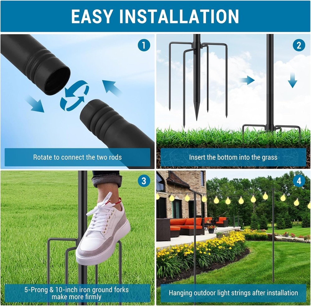 10 FT Metal String Light Poles 4 Pack, Outdoor Garden String Light Support Poles